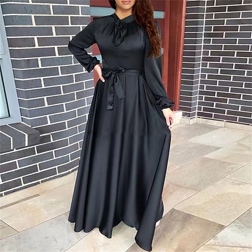 

Damen Hochzeitsgast Kleid Satinkleid schwarzes Kleid langes Kleid Maxikleid hellrosa schwarz Champagner Langarm reine Farbe Schnürung Herbst Frühling Rundhalsausschnitt Mode Winterkleid