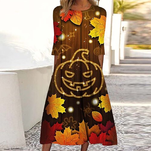 

Women's Casual Dress Shift Dress Halloween Orange 3/4 Length Sleeve Pumpkin Ruched Print Fall Winter Round Neck Vacation Vintage Casual 2022 S M L XL XXL 3XL