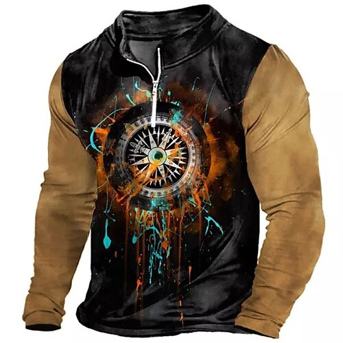 

Men's Collar Polo Shirt Golf Shirt Graphic Stand Collar Black 3D Print Outdoor Street Long Sleeve Zipper Print Clothing Apparel Fashion Casual Breathable