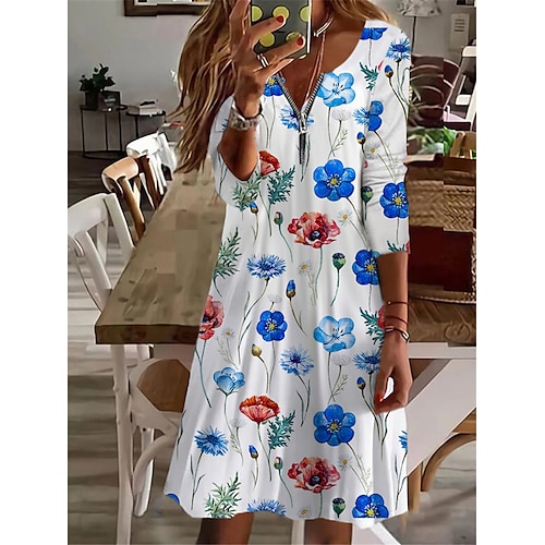 

Mulheres Vestido casual Azul Cinzento Branco Manga Longa Floral Zíper Inverno Outono Decote V Roupa de inverno Vestido de outono 2022 S M L XL 2XL 3XL 4XL 5XL 6XL