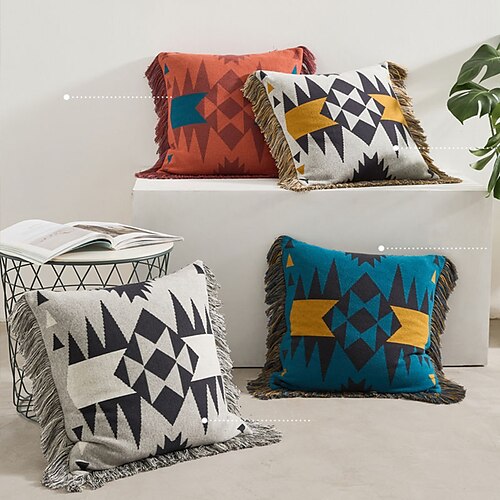 

Cotton Tassel Pillow Cover High Quality Geometric LUOWEI Series Staycation for Living Room Bedroom Sofa Couch Bed