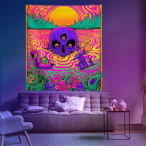 

Halloween Skull Blacklight UV Reactive Tapestry Psychedelic Decoration Cloth Curtain Picnic Table Cloth Hanging Home Bedroom Living Room Dormitory Decoration Polyester