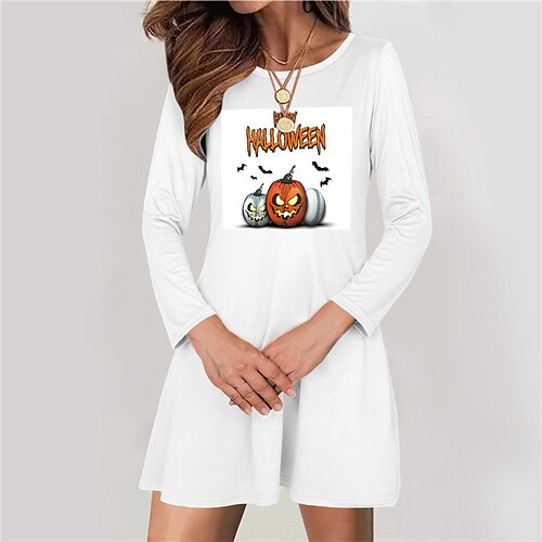 

Women's Casual Dress T Shirt Dress Tee Dress Short Mini Dress Yellow Khaki Orange White Black Long Sleeve Skull Letter Pumpkin Print Fall Winter Round Neck Vacation Casual Halloween 2022 S M L XL XXL