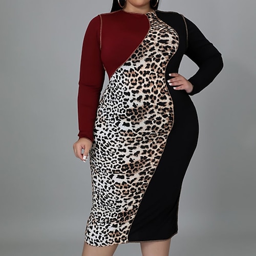 

kvinders plus size flatterende kjoler elegant æbleformet kjole arbejde formel kjole leopard rund hals langærmet efterår vinter arbejde sexet midi formel kjole dagligt gå ud formel kjole