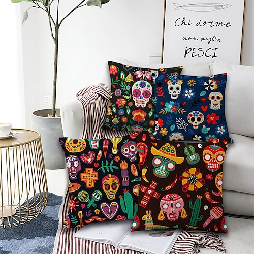 

El Día de los Muertos Double Side Cushion Cover 4PC Soft Decorative Square Cushion Case Pillowcase for Bedroom Livingroom Sofa Couch Chair Superior Quality Machine Washable Day of Dead