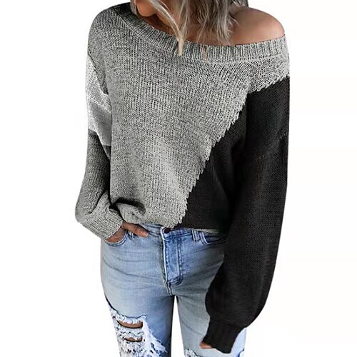 

Women's Pullover Sweater Jumper Crochet Knit Knitted Color Block One Shoulder Stylish Casual Outdoor Daily Fall Winter Black Blue S M L / Long Sleeve