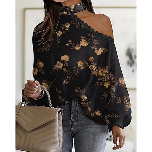 

Women's Blouse Shirt Black Floral Cut Out Lace Trims Long Sleeve Daily Weekend Streetwear Casual One Shoulder Regular Floral S / 3D Print / Print