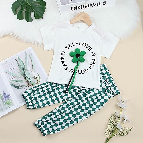 

2 Pieces Kids Girls' T-shirt & Pants Outfit Plaid Letter Short Sleeve Print Set Outdoor Active Daily Fall Spring 3-8 Years Green