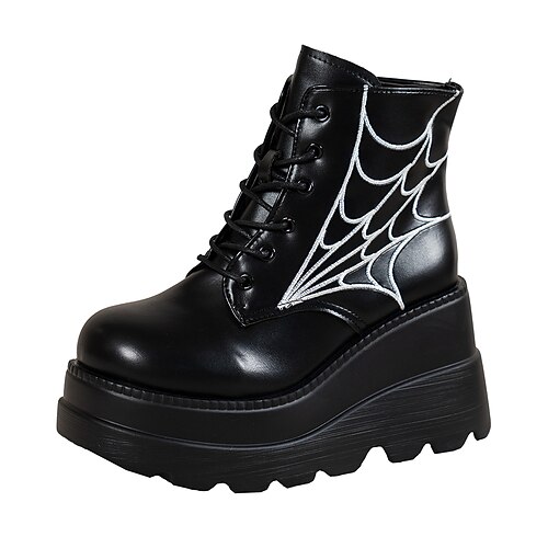 

Women's Boots Goth Boots Lace Up Boots Booties Ankle Boots Winter Wedge Heel Round Toe PU Leather Lace-up Solid Colored Black
