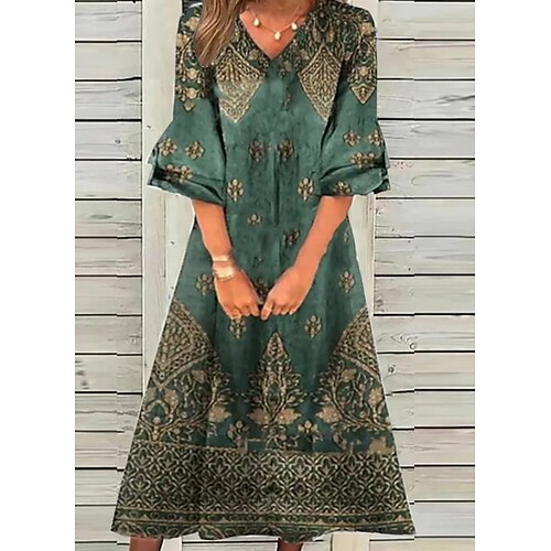 

Women's Casual Dress Boho Dress Midi Dress Green 3/4 Length Sleeve Ruched Winter Fall Autumn V Neck Weekend 2022 S M L XL 2XL 3XL