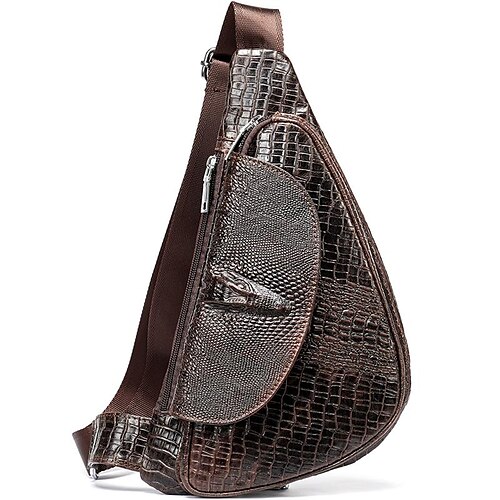 

Men's Sling Shoulder Bag Crossbody Bag Nappa Leather Cowhide Zipper Solid Color Crocodile Vintage Daily Black Coffee