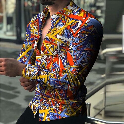 

Men's Shirt Graphic Shirt Geometry Turndown Blue 3D Print Outdoor Street Button-Down Print Clothing Apparel Fashion Designer Casual Breathable / Long Sleeve / Long Sleeve