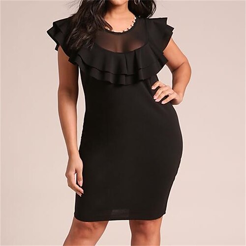 

Vestido de fiesta semiformal para mujer, vestido ceñido al cuerpo, vestido midi, negro, manga corta, color puro, volantes, invierno, otoño, otoño, cuello redondo, elegante, 2023 xl 2xl 3xl 4xl