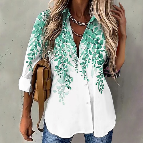 

Women's Blouse Shirt Green Blue Purple Leaves Button Print Long Sleeve Daily Weekend Streetwear Casual Shirt Collar Regular Floral S