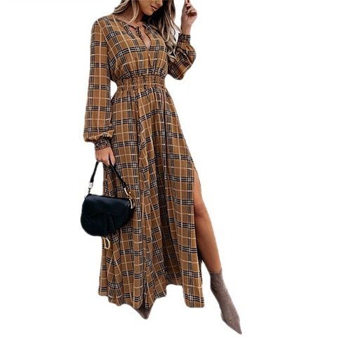 

Women's Swing Dress Plaid Dress Maxi long Dress Brown Long Sleeve Plaid Split Print Fall Winter Shirt Collar Vintage Elegant 2022 S M L XL 2XL