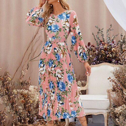 

Women's Swing Dress Boho Dress Long Dress Maxi Dress Pink Long Sleeve Floral Ruched Winter Fall Autumn Fashion Winter Dress Weekend Fall Dress Loose Fit 2022 S M L XL