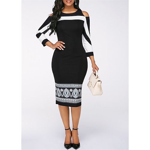 

Women's Bodycon Sheath Dress Knee Length Dress Black Blue Red Long Sleeve Print Patchwork Print Fall Winter Crew Neck Stylish Modern 2022 S M L XL 2XL 3XL 4XL 5XL