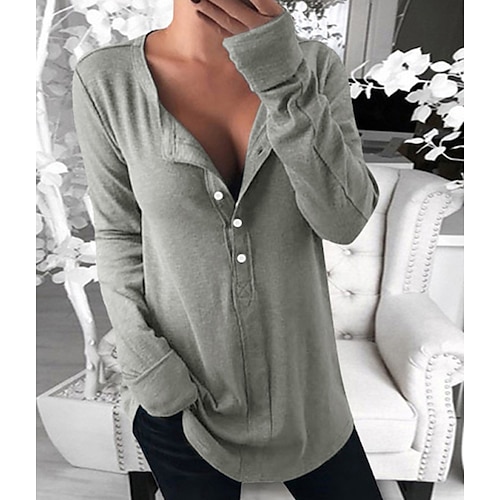 

Women's T shirt Tee White Black Plain Button Long Sleeve Daily Weekend Basic V Neck Regular S