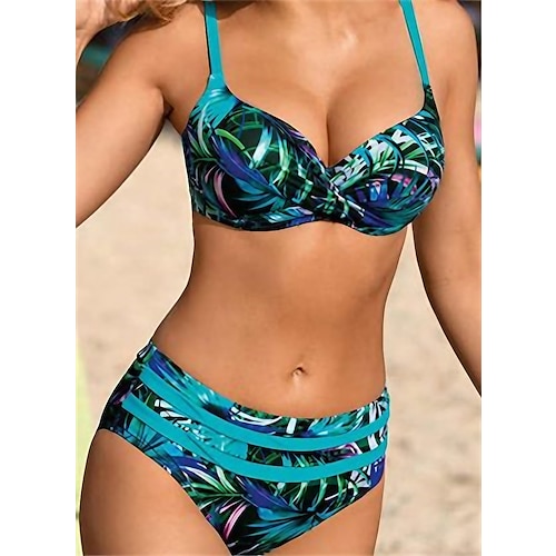 

Women's Swimwear Bikini 2 Piece Normal Swimsuit Backless 2 Piece Push Up Sexy Printing Leaf Blue V Wire Bathing Suits New Vacation Beach Wear