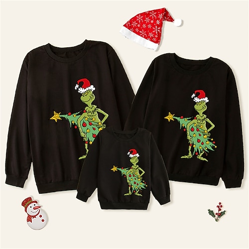 

Ugly Christmas Sweatshirt Pullover Family Pullover Ugly Christmas Tree Elf Pattern Print Crew Neck Mom Dad and Me Top Black Long Sleeve Daily Matching Outfits