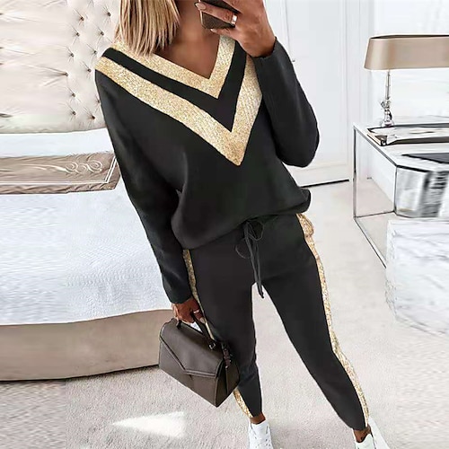 

Women's Loungewear Sets Nighty 2 Pieces Heart Color Combo Fashion Sport Comfort Home Going out Airport Cotton Breathable Crew Neck Long Sleeve Hoodie Pant Fall Spring Yellow Khaki / V Wire