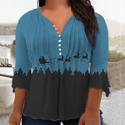 

Women's Plus Size Tops Christmas Blouse Shirt Deer Scenery Button Print 3/4 Length Sleeve V Neck Casual Daily Cotton Spandex Jersey Fall Winter Blue