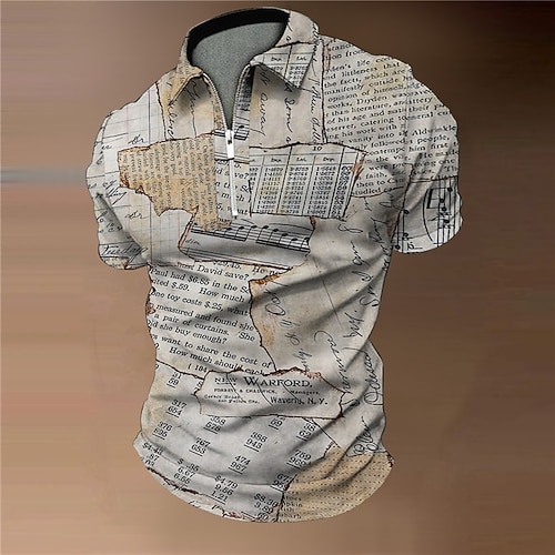 

Men's Collar Polo Shirt Golf Shirt Letter Turndown Khaki Gray 3D Print Outdoor Street Short Sleeves Zipper Print Clothing Apparel Fashion Designer Casual Breathable / Summer / Spring / Summer