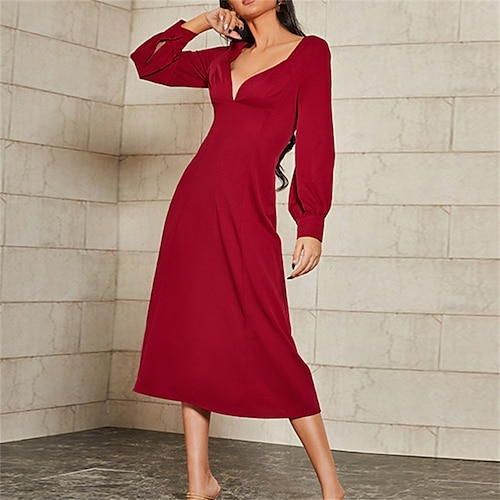 

Women's Vintage Dress Midi Dress Midi Dress Wine Long Sleeve Pure Color Ruched Fall Winter Deep V Stylish Mature 2022 S M L