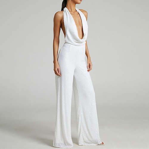 

Women's Jumpsuit Backless Sequin Solid Color Halter Neck Elegant Party Going out Regular Fit Sleeveless White S M L Winter