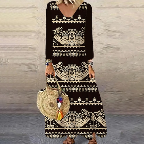 

Women's A Line Dress Swing Dress Maxi long Dress Black Blue Gold Long Sleeve Floral Print Fall Winter V Neck Casual 2022 S M L XL XXL 3XL 4XL 5XL 6XL