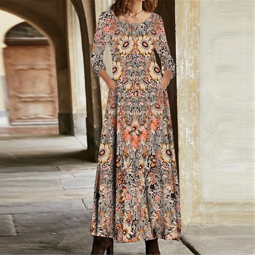 

Women's Casual Dress A Line Dress Maxi long Dress Khaki Long Sleeve Floral Pocket Print Fall Winter V Neck Casual Vacation 2022 S M L XL XXL 3XL