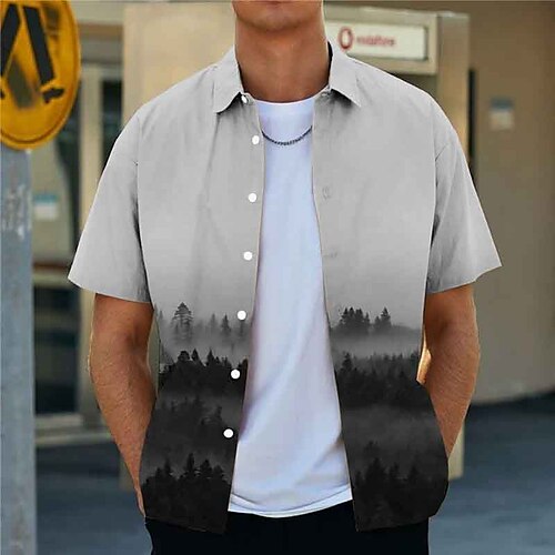 

Men's Shirt Graphic Shirt Scenery Turndown Gray 3D Print Outdoor Street Short Sleeves Button-Down Print Clothing Apparel Designer Casual Breathable / Summer / Spring / Summer