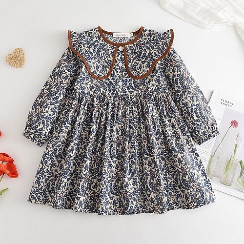 

Kids Toddler Little Girls' Dress Floral Daily Vacation Ruched Patchwork Navy Blue Cotton Knee-length Long Sleeve Cute Beautiful Dresses Spring Fall Loose Fit 1pcs 2-6 Years