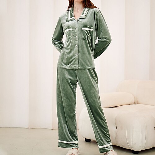 

Women's Pajamas Winter Sets Pjs 2 Pieces Stripe Comfort Soft Home Vacation Polyester Lapel Long Sleeve Pant Button Pocket Winter Fall Green Pink