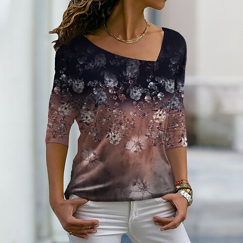 

Women's T shirt Tee Brown Floral Print Long Sleeve Casual Holiday Basic V Neck Regular Floral Painting S