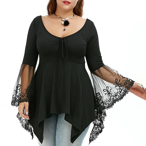 

Women's Plus Size Tops Blouse Shirt Plain Lace Patchwork Long Sleeve Crew Neck Casual Daily Going out Polyester Fall Winter White Black