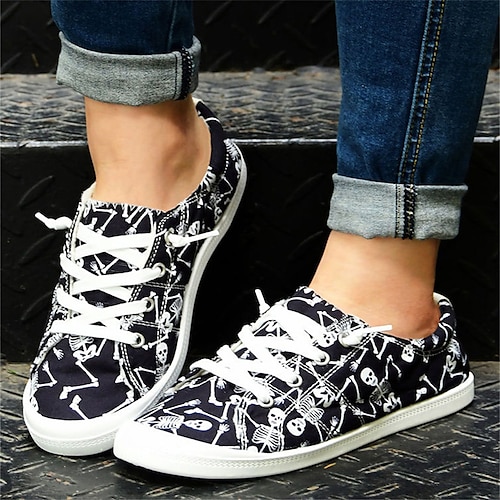 

Women's Sneakers Halloween Daily Animal Print Plus Size Lace-up Flat Heel Casual Cotton Elastic Band Color Block Black / plush Black