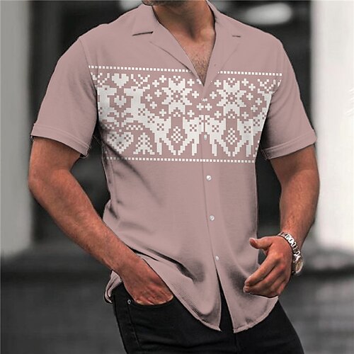 

Men's Shirt Elk Snowflake Turndown Blue Pink 3D Print Christmas Street Short Sleeve Button-Down Print Clothing Apparel Fashion Designer Casual Breathable / Summer / Spring / Summer