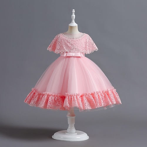 

Kids Little Girls' Dress Solid Colored Tulle Dress Party Daily Beaded Bow Pink Wine Champagne Knee-length Short Sleeve Cute Princess Dresses Spring Summer Slim 3-10 Years