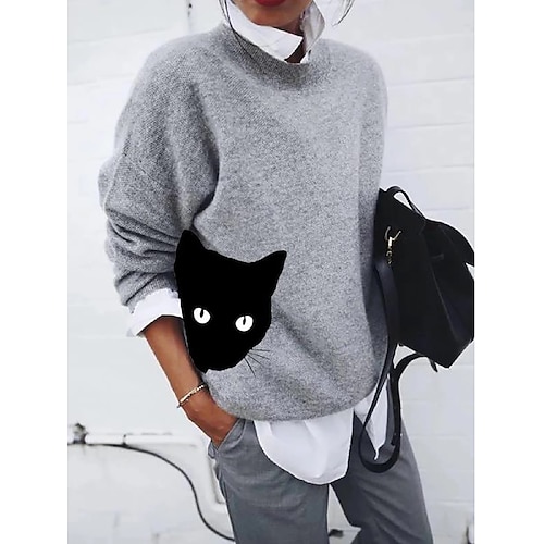 

Women's Blouse Shirt Blue Gray Yellow Cat Print Long Sleeve Daily Weekend Streetwear Casual Shirt Collar Regular 3D Cat S / 3D Print