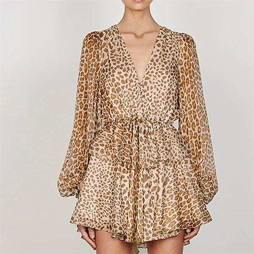 

Women's Casual Dress A Line Dress Short Mini Dress Brown Long Sleeve Leopard Lace up Puff Sleeve Fall Winter V Neck Fashion Casual 2022 S M L