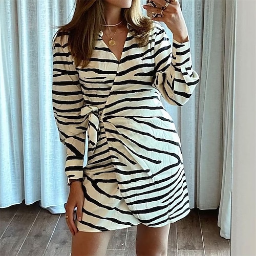 

Women's Casual Dress Shirt Dress Short Mini Dress Beige Long Sleeve Striped Lace up Print Fall Winter Shirt Collar Fashion Casual Modern 2022 S M L