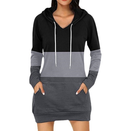 

Women's Hoodie Dress Winter Dress Gray Long Sleeve Color Block Pocket Winter Fall Hooded Basic Casual Fall Dress Loose Fit 2022 S M L XL XXL / Cotton