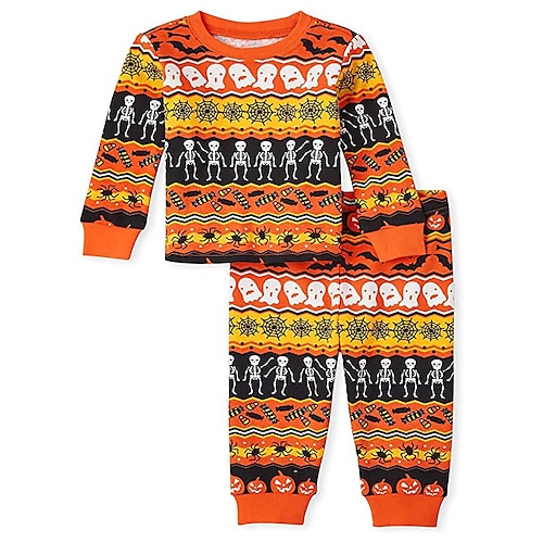 

2 Pieces Kids Boys Halloween T-shirt & Pants T-shirtSet Clothing Set Outfit Skull Letter Long Sleeve Print Set Outdoor Fashion Cool Daily Winter Fall 3-12 Years Yellow Orange