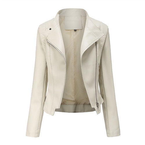 

Women's Faux Leather Jacket Windproof Warm Outdoor Street Daily Vacation Zipper Zipper Turndown Fashion Modern Street Style Solid Color Regular Fit Outerwear Long Sleeve Winter Fall Beige S M L XL