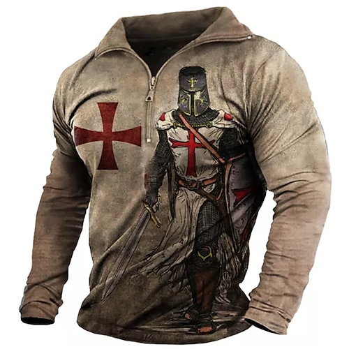 

Men's Unisex Zip Up Sweatshirt Pullover Quarter Zipper Sweatshirt Brown Half Zip Knights Templar Graphic Prints Zipper Print Daily Sports 3D Print Designer Casual Big and Tall Spring & Fall Clothing