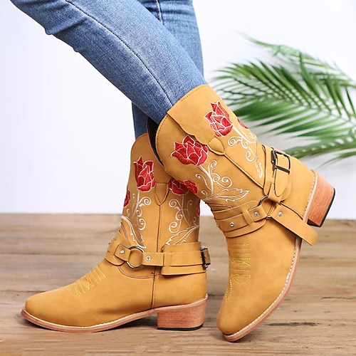 

Femme Bottes Bottes Cow boy du quotidien Bottines Bottines Hiver Boucle Broderie Talon Bottier Bout rond Rétro Vintage Doux Cuir PU Mocassins Couleur Pleine Jaune