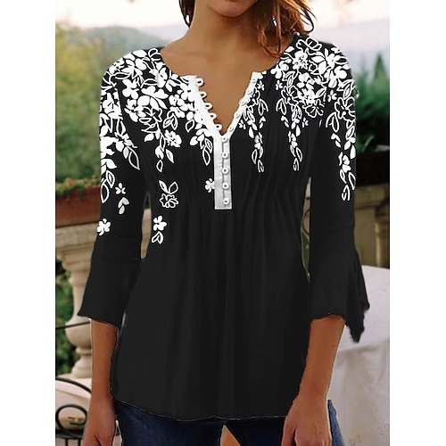 

Mulheres Camisa Social Blusa Preto Branco Amarelo Floral Borboleta Botão Imprimir Manga 3/4 Feriado Final de semana Roupa de rua Casual Dia Das Bruxas Decote V Padrão Tema Flores Borboleta S