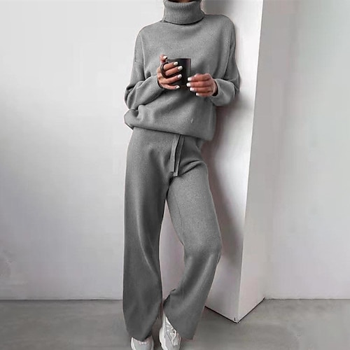 

Women's Plus Size Loungewear Sets Winter Nighty 2 Pieces Pure Color Fashion Comfort Soft Home Going out Airport Polyester Warm Stand Collar Long Sleeve Sweater Pant Winter Fall Khaki Dark Gray