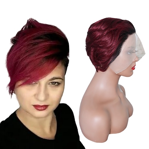 

Black Burgundy Straight Pixie Cut Wig side T Part 13x4x1 Lace Front Human Hair Wig Preplucked For Black Women Transparent Lace Short Bob Wig Brazilian Remy